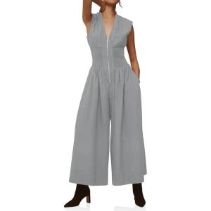 imageCicy Bell Womens V Neck Casual Dressy Jumpsuits Smocked Zip Up Sleeveless Wide Leg Jumpsuit Summer Teacher Work OutfitGrey