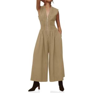 imageCicy Bell Womens V Neck Casual Dressy Jumpsuits Smocked Zip Up Sleeveless Wide Leg Jumpsuit Summer Teacher Work OutfitKhaki
