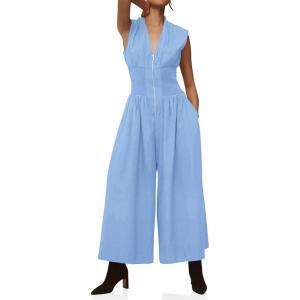 imageCicy Bell Womens V Neck Casual Dressy Jumpsuits Smocked Zip Up Sleeveless Wide Leg Jumpsuit Summer Teacher Work OutfitSky Blue