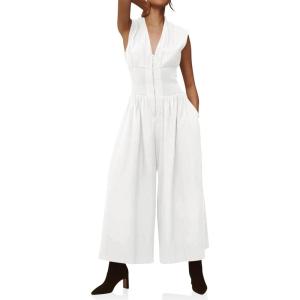 imageCicy Bell Womens V Neck Casual Dressy Jumpsuits Smocked Zip Up Sleeveless Wide Leg Jumpsuit Summer Teacher Work OutfitWhite