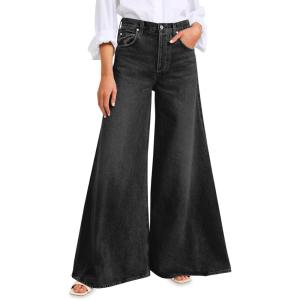 imageCicy Bell Womens Baggy Wide Leg Jeans High Waisted Boyfriend Loose Fit Bell Bottom Stretchy Denim Pants with PocketsBlack