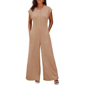 imageCicy Bell Womens Casual Striped Jumpsuits Summer Cap Sleeve Wide Leg Jumper Romper Button Down Travel Beach OutfitsBeige