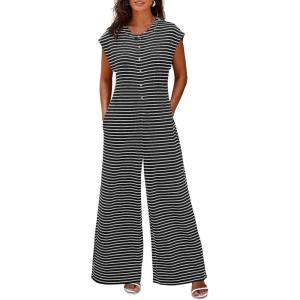 imageCicy Bell Womens Casual Striped Jumpsuits Summer Cap Sleeve Wide Leg Jumper Romper Button Down Travel Beach OutfitsBlack