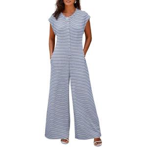imageCicy Bell Womens Casual Striped Jumpsuits Summer Cap Sleeve Wide Leg Jumper Romper Button Down Travel Beach OutfitsBlue