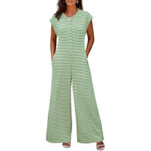 imageCicy Bell Womens Casual Striped Jumpsuits Summer Cap Sleeve Wide Leg Jumper Romper Button Down Travel Beach OutfitsGreen