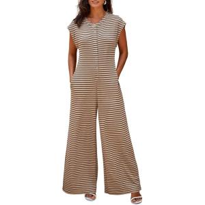 imageCicy Bell Womens Casual Striped Jumpsuits Summer Cap Sleeve Wide Leg Jumper Romper Button Down Travel Beach OutfitsKhaki