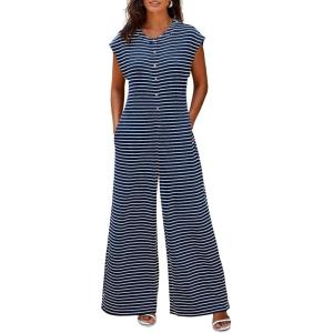 imageCicy Bell Womens Casual Striped Jumpsuits Summer Cap Sleeve Wide Leg Jumper Romper Button Down Travel Beach OutfitsNavy