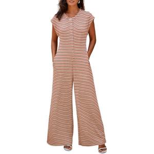imageCicy Bell Womens Casual Striped Jumpsuits Summer Cap Sleeve Wide Leg Jumper Romper Button Down Travel Beach OutfitsRed