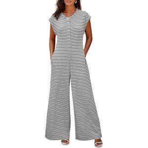 imageCicy Bell Womens Casual Striped Jumpsuits Summer Cap Sleeve Wide Leg Jumper Romper Button Down Travel Beach OutfitsWhite