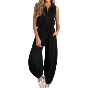 imageCicy Bell Womens Casual Zip Up Jumpsuits Sleeveless Summer Workout Romper Drawstring Elastic Waist Loose Fit OutfitsBlack
