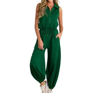 imageCicy Bell Womens Casual Zip Up Jumpsuits Sleeveless Summer Workout Romper Drawstring Elastic Waist Loose Fit OutfitsDark Green