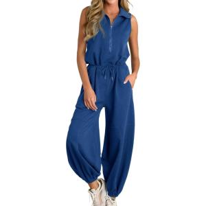 imageCicy Bell Womens Casual Zip Up Jumpsuits Sleeveless Summer Workout Romper Drawstring Elastic Waist Loose Fit OutfitsNavy
