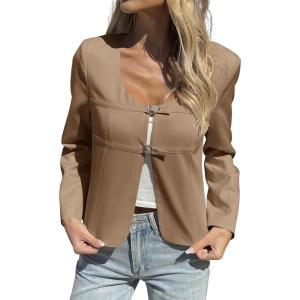 imageCicy Bell Womens Cropped Blazer Jacket Long Sleeve Work Trendy Casual Tops Double Buckle Collarless JacketsCamel