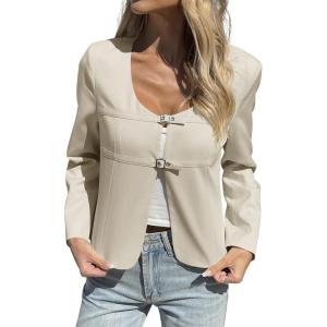 imageCicy Bell Womens Cropped Blazer Jacket Long Sleeve Work Trendy Casual Tops Double Buckle Collarless JacketsLight Khaki