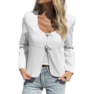 imageCicy Bell Womens Cropped Blazer Jacket Long Sleeve Work Trendy Casual Tops Double Buckle Collarless JacketsWhite