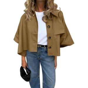 imageCicy Bell Womens Oversized Cropped Trench Coats Single Breasted 34 Cape Sleeve Trendy Casual Jackets Button up OuterwearCamel