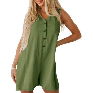 imageCicy Bell Womens Summer Casual Romper Button Down V Neck Sleeveless Short Jumpsuits Loose Fit Beach Vacation OutfitsArmy Green