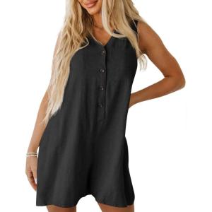 imageCicy Bell Womens Summer Casual Romper Button Down V Neck Sleeveless Short Jumpsuits Loose Fit Beach Vacation OutfitsBlack
