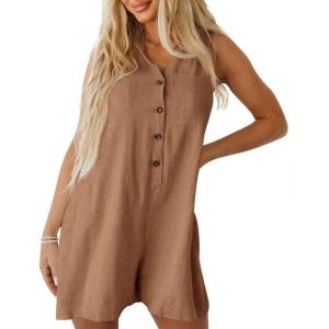 imageCicy Bell Womens Summer Casual Romper Button Down V Neck Sleeveless Short Jumpsuits Loose Fit Beach Vacation OutfitsBrown