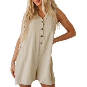 imageCicy Bell Womens Summer Casual Romper Button Down V Neck Sleeveless Short Jumpsuits Loose Fit Beach Vacation OutfitsLight Khkai
