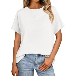 imageCicy Bell Womens Summer Short Sleeve T Shirts Casual Side Split Crew Neck Tunic Tops Loose Fit Basic TeesWhite