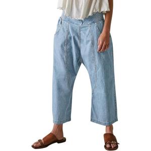 imageCicy Bell Womens Wide Leg Cropped Jeans Baggy Boyfriend Smocked Mid Rise Harem Denim PantsLight Blue