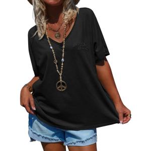 imageCicy Bell Womens Oversized Peace Love Joy Tshirts Summer Casual V Neck Short Sleeve Tops Embroidery Letter Boho Tee ShirtsBlack