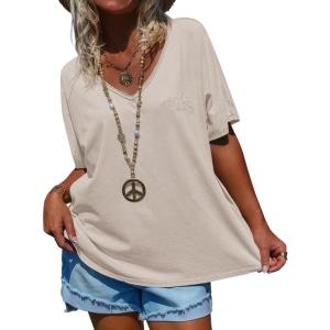 imageCicy Bell Womens Oversized Peace Love Joy Tshirts Summer Casual V Neck Short Sleeve Tops Embroidery Letter Boho Tee ShirtsLight Khaki