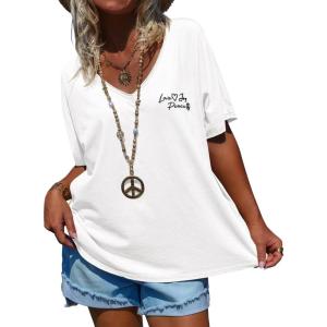 imageCicy Bell Womens Oversized Peace Love Joy Tshirts Summer Casual V Neck Short Sleeve Tops Embroidery Letter Boho Tee ShirtsWhite
