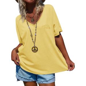 imageCicy Bell Womens Oversized Peace Love Joy Tshirts Summer Casual V Neck Short Sleeve Tops Embroidery Letter Boho Tee ShirtsYellow