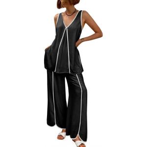 imageCicy Bell Womens Summer 2 Piece Lounge Sets Casual V Neck Sleeveless Tunic Tops Matching Sets Wide Leg Beach OutfitsBlack