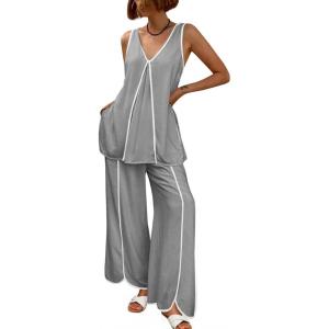imageCicy Bell Womens Summer 2 Piece Lounge Sets Casual V Neck Sleeveless Tunic Tops Matching Sets Wide Leg Beach OutfitsGrey