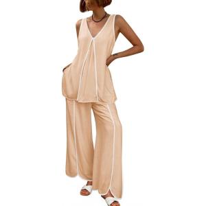 imageCicy Bell Womens Summer 2 Piece Lounge Sets Casual V Neck Sleeveless Tunic Tops Matching Sets Wide Leg Beach OutfitsKhaki