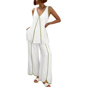 imageCicy Bell Womens Summer 2 Piece Lounge Sets Casual V Neck Sleeveless Tunic Tops Matching Sets Wide Leg Beach OutfitsWhite