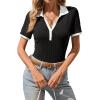 imageCicy Bell Womens Fitted V Neck Polo Shirts Summer Short Sleeve Textured TShirts Ribbed Knit Dressy Casual TopsBlack