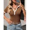 imageCicy Bell Womens Fitted V Neck Polo Shirts Summer Short Sleeve Textured TShirts Ribbed Knit Dressy Casual TopsBrown