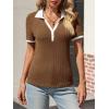 imageCicy Bell Womens Fitted V Neck Polo Shirts Summer Short Sleeve Textured TShirts Ribbed Knit Dressy Casual TopsBrown