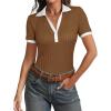imageCicy Bell Womens Fitted V Neck Polo Shirts Summer Short Sleeve Textured TShirts Ribbed Knit Dressy Casual TopsBrown