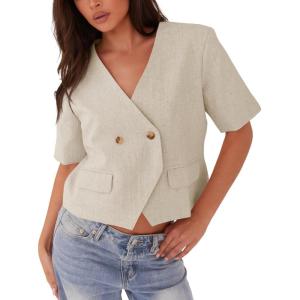 imageCicy Bell Womens Cropped Short Sleeve Blazers V Neck Button Down Lightweight Work Casual Suit JacketsBeige