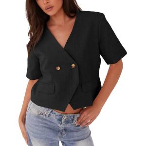 imageCicy Bell Womens Cropped Short Sleeve Blazers V Neck Button Down Lightweight Work Casual Suit JacketsBlack