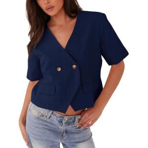 imageCicy Bell Womens Cropped Short Sleeve Blazers V Neck Button Down Lightweight Work Casual Suit JacketsDark Blue
