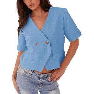 imageCicy Bell Womens Cropped Short Sleeve Blazers V Neck Button Down Lightweight Work Casual Suit JacketsLight Blue