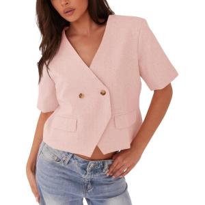imageCicy Bell Womens Cropped Short Sleeve Blazers V Neck Button Down Lightweight Work Casual Suit JacketsLight Pink