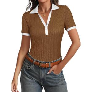 imageCicy Bell Womens Fitted V Neck Polo Shirts Summer Short Sleeve Textured TShirts Ribbed Knit Dressy Casual TopsBrown