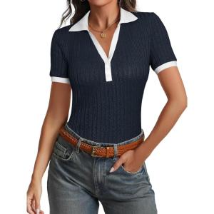 imageCicy Bell Womens Fitted V Neck Polo Shirts Summer Short Sleeve Textured TShirts Ribbed Knit Dressy Casual TopsNavy