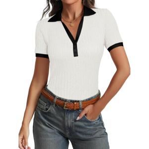 imageCicy Bell Womens Fitted V Neck Polo Shirts Summer Short Sleeve Textured TShirts Ribbed Knit Dressy Casual TopsWhite