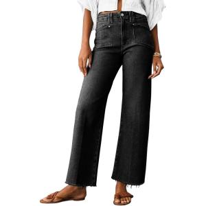 imageCicy Bell Womens High Waisted Cropped Jeans Trendy Stretchy Baggy Straight Leg Raw Hem Capri Denim PantsBlack