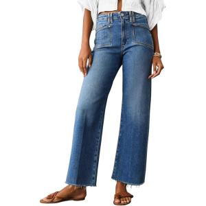 imageCicy Bell Womens High Waisted Cropped Jeans Trendy Stretchy Baggy Straight Leg Raw Hem Capri Denim PantsBlue