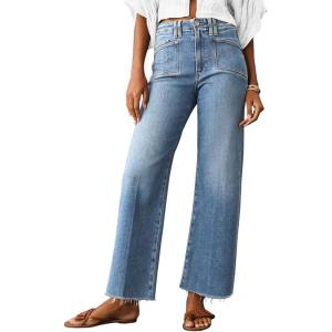 imageCicy Bell Womens High Waisted Cropped Jeans Trendy Stretchy Baggy Straight Leg Raw Hem Capri Denim PantsLight Blue
