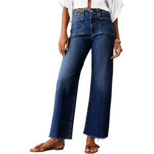imageCicy Bell Womens High Waisted Cropped Jeans Trendy Stretchy Baggy Straight Leg Raw Hem Capri Denim PantsNavy